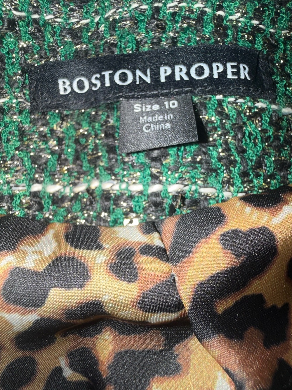 Boston Proper Size 10 Emerald Green Tweed Chain Detail Sequin Jacket Blazer - Picture 10 of 15
